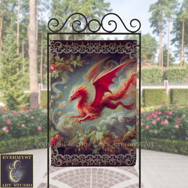 a large, ornate banner with a dragon design, displayed outdoors in a garden setting.