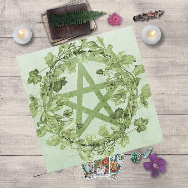 Green Pentacle Tarot And Altar Cloth - Botanical Wicca Witch Pagan Decor Square