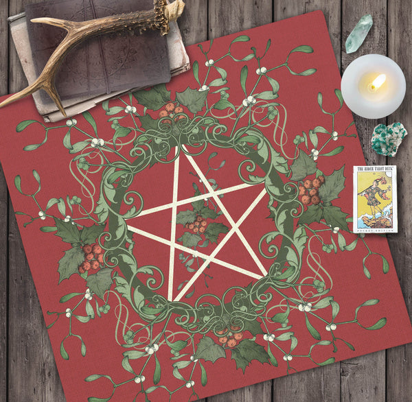 Pentacle Yule Tarot Cloth - Pagan Witch Altar Decor Square
