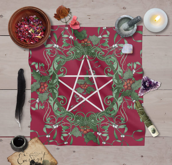 Pentacle Yule Tarot Cloth - Pagan Witch Altar Decor Square