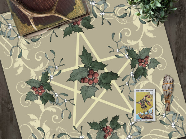 Yule Altar Tarot Cloth - Antique Holly Style Decor Square