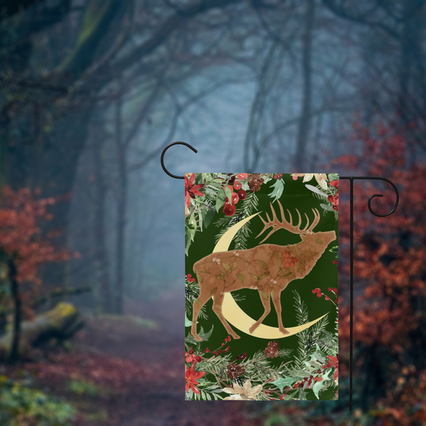 Whimsical Yule Deer Garden Flag - Winter Stag Folk Woodland Design