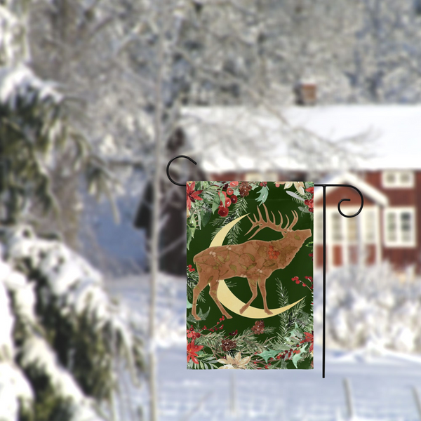 Whimsical Yule Deer Garden Flag - Winter Stag Folk Woodland Design