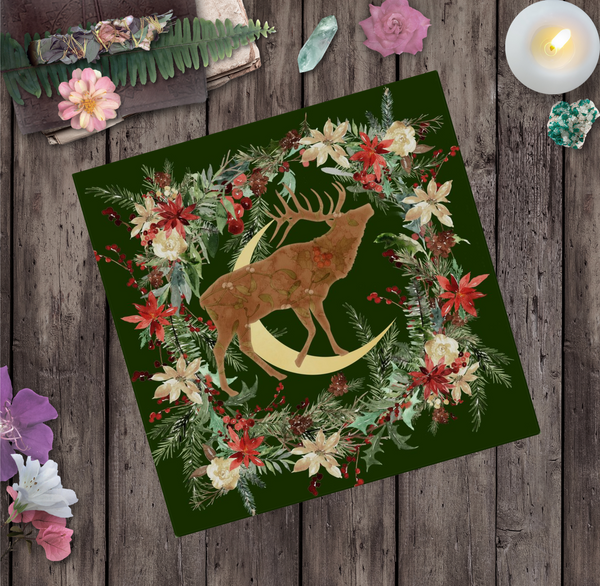 Woodland Deer Altar Cloth Tarot Mat - Yule Winter Decor Square
