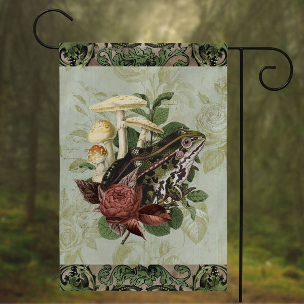 Vintage Frog And Flowers Green Cottage Garden Flag