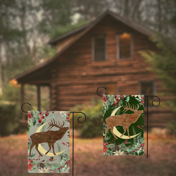 Whimsical Yule Deer Garden Flag - Winter Stag Folk Woodland Design