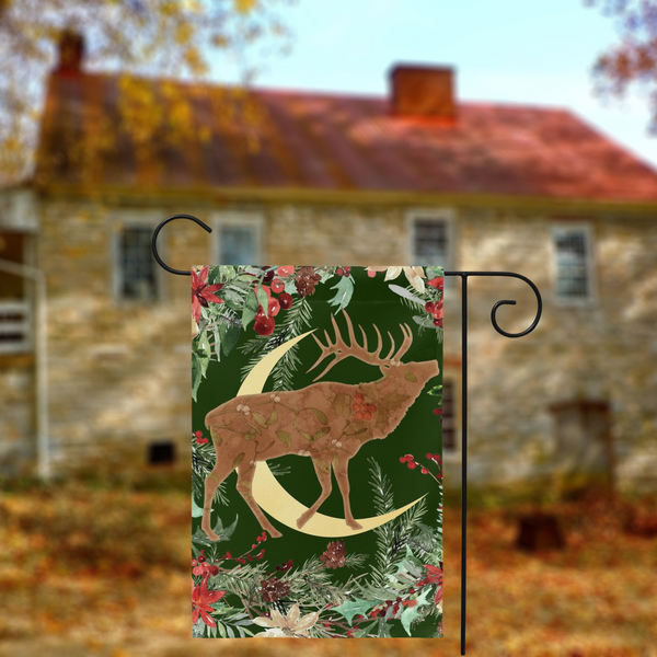 Whimsical Yule Deer Garden Flag - Winter Stag Folk Woodland Design