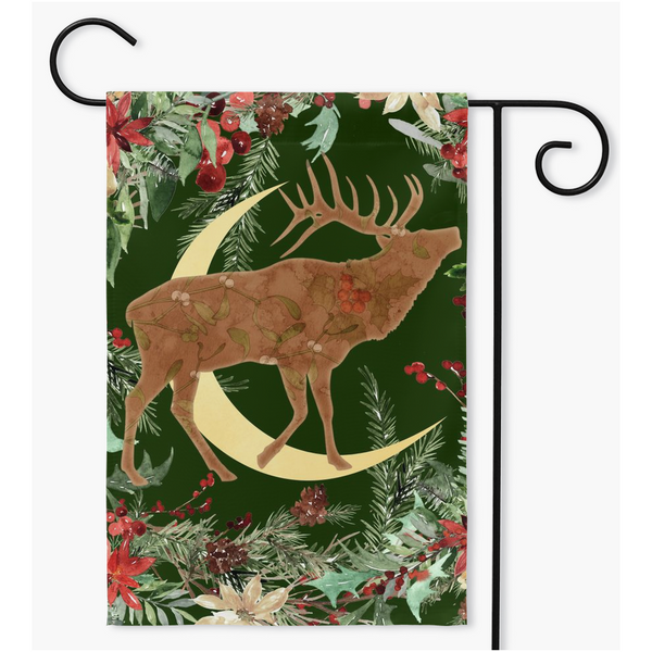 Whimsical Yule Deer Garden Flag - Winter Stag Folk Woodland Design