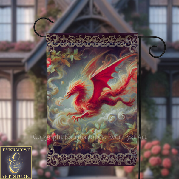 a vibrant red dragon with a flowing, fiery tail, set against a backdrop of swirling clouds and flowers.