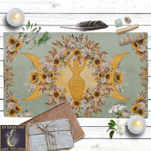 a vibrant and colorful design with sunflowers and a moon motif, surrounded by various objects such as candles, feathers, and crystals.