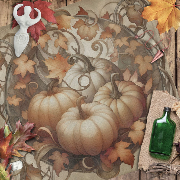 a painting of a pumpkin surrounded by autumn leaves