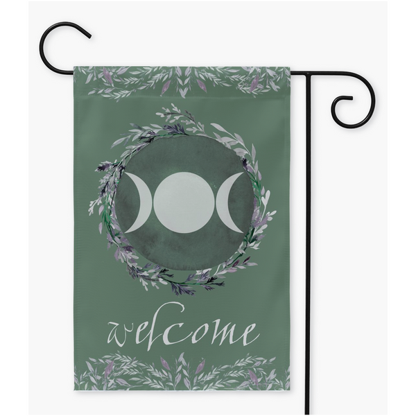Triple Moon Green Welcome Flag - Pagan Wicca Outdoor Decor Double / 12X18 Inch