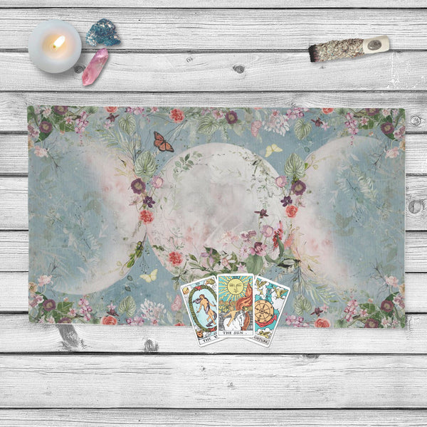 Floral Triple Moon Altar Cloth - Litha Solstice Tarot Mat For Decor Rec