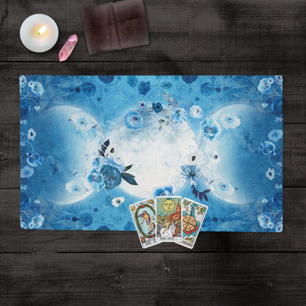 Blue Triple Moon Flowers Altar Cloth - Pagan Wicca Decoration For Tarot Readings Rec