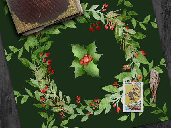 Holiday Tarot Cloth - Holly Yule Altar With Evergreen Wreath 22X22 Inch Twill Square