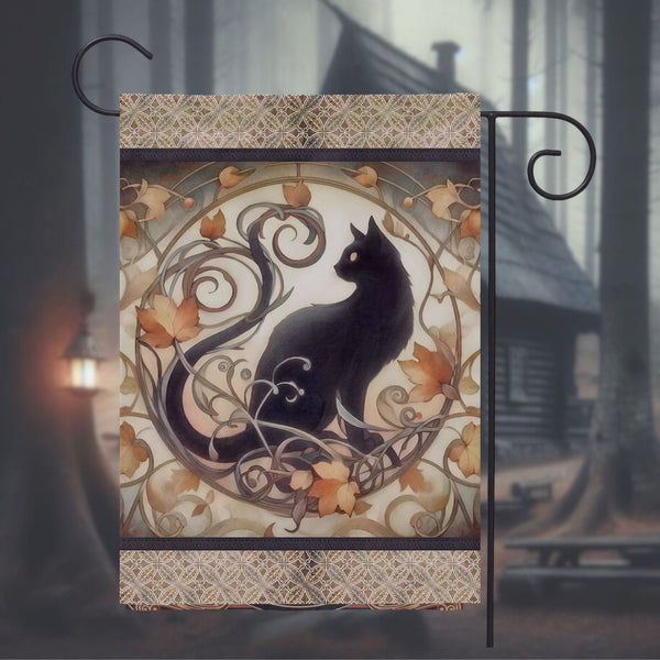 a black cat sitting on top of a wooden plaque