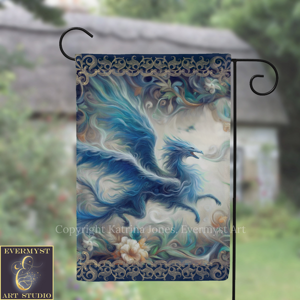 A banner featuring a blue dragon with flowing wings and a flowing mane, set against a background of swirling patterns and flowers.