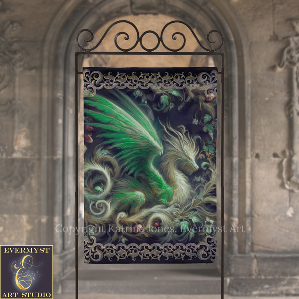 a large, ornate banner with a detailed, fantastical dragon design on it. The dragon appears to be green and has a flowing, winged appearance. The banner is displayed in front of a stone archway, creating an interesting contrast between the natural and man-made elements.