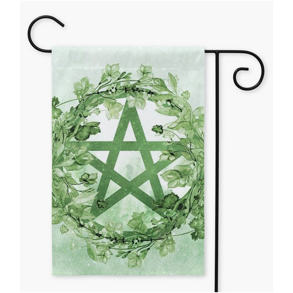 Green Pentacle Wreath Flag - Litha Summer Nature Witch Garden Decor Double / 12X18 Inch