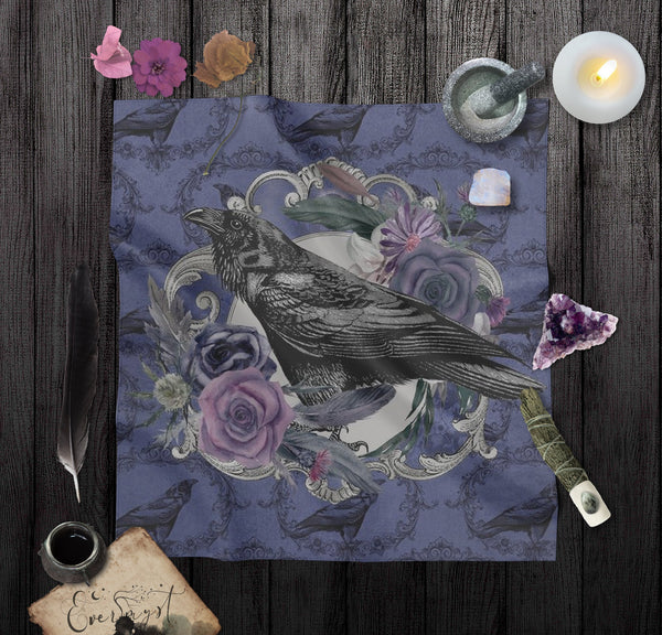 Gothic Raven Altar Cloth - Tarot Reading Mat With Witchy Black Bird Decor Square