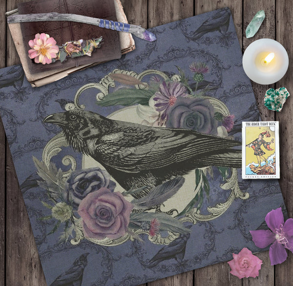 Gothic Raven Altar Cloth - Tarot Reading Mat With Witchy Black Bird Decor 24X24 Inch Crepe Square