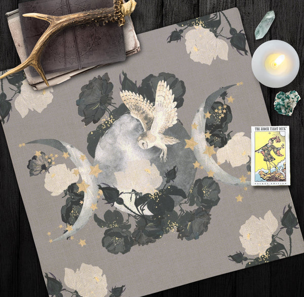 Boho Altar Cloth - Triple Moon Owl Tarot Mat Botanical Witch Decor Square