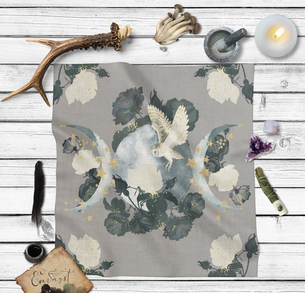 Boho Altar Cloth - Triple Moon Owl Tarot Mat Botanical Witch Decor Square