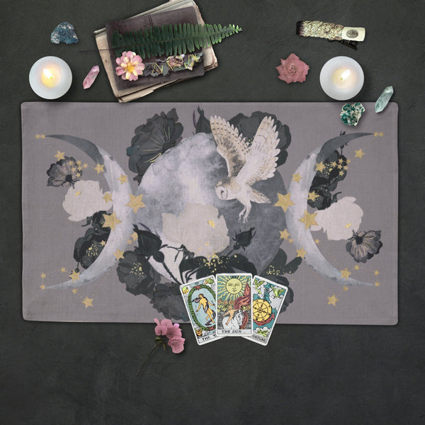 Triple Moon Owl Altar Cloth - Grey And Black Wicca Witch Boho Design Rec