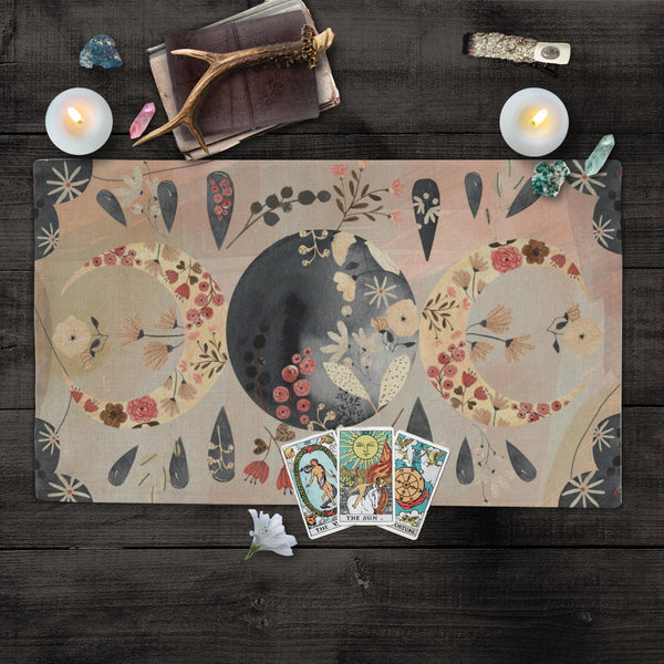 Celestial Altar Cloth - Boho Tarot And Moon Stars Design With Flower Accents Rec