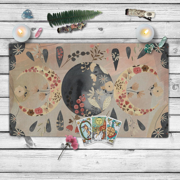 Celestial Altar Cloth - Boho Tarot And Moon Stars Design With Flower Accents Rec
