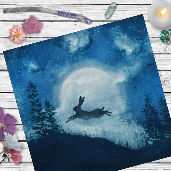 Blue Hare Moon Altar Cloth - Ostara Cottage Tarot Mat With Bunny Rabbit Decor Square