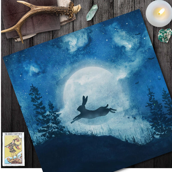 Blue Hare Moon Altar Cloth - Ostara Cottage Tarot Mat With Bunny Rabbit Decor Square