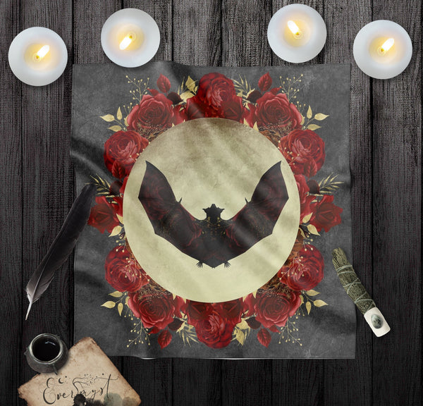 Gothic Bat Rose Altar Cloth - Dark Tarot Reading Mat Square