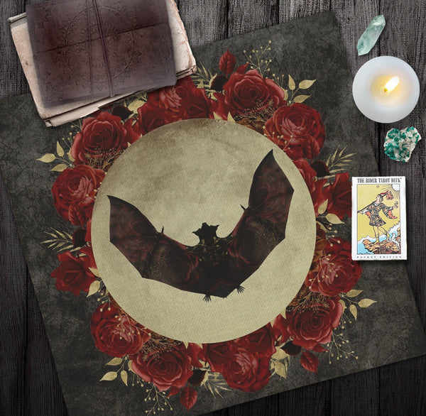 Gothic Bat Rose Altar Cloth - Dark Tarot Reading Mat Square