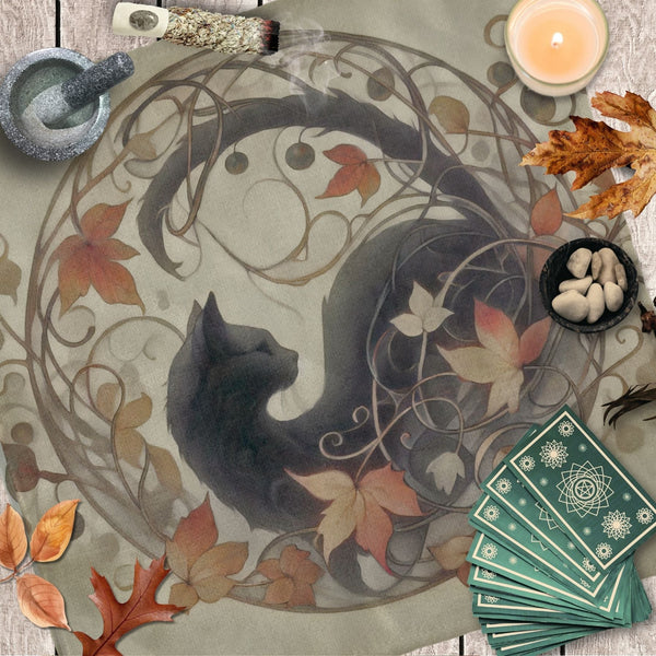 a picture of a cat surrounded by autumn leaves