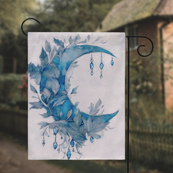 a painting of a blue moon with leaves on it