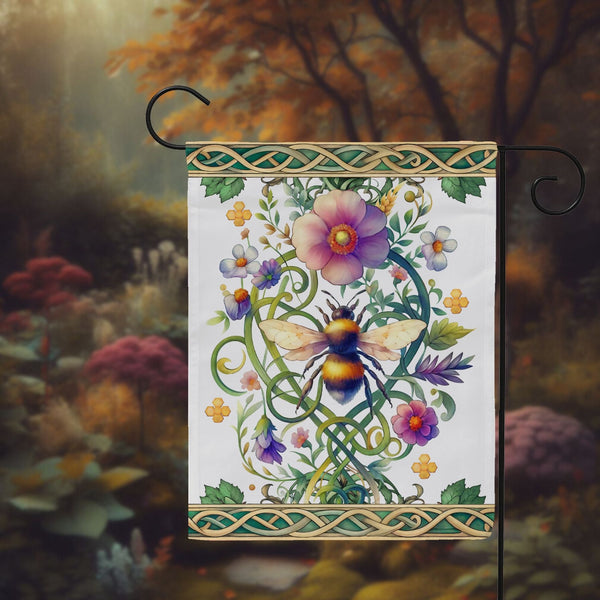 a painting of a bee and flowers on a white background