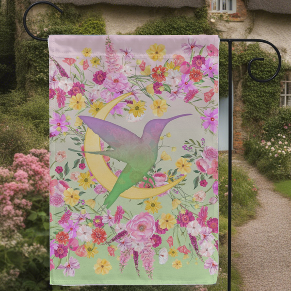 a banner with a bird and flowers on it