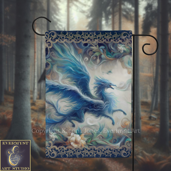 A banner featuring a fantastical blue dragon with flowing wings and a fierce expression, set against a forest backdrop.