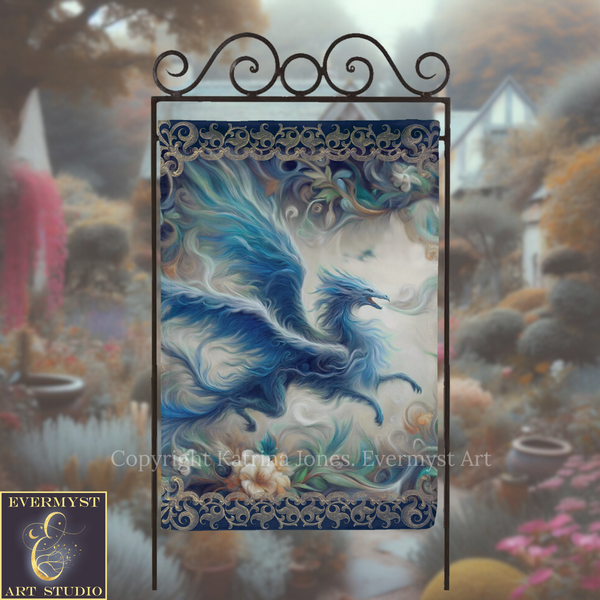 a large, ornate banner with a blue dragon design, set against a blurred garden background with flowers and foliage.