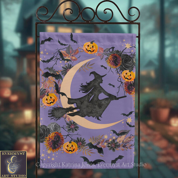 A Halloween-themed banner featuring a silhouetted witch on a broomstick flying over a crescent moon and pumpkin flowers, with bats and jack-o-lanterns scattered throughout the design.
