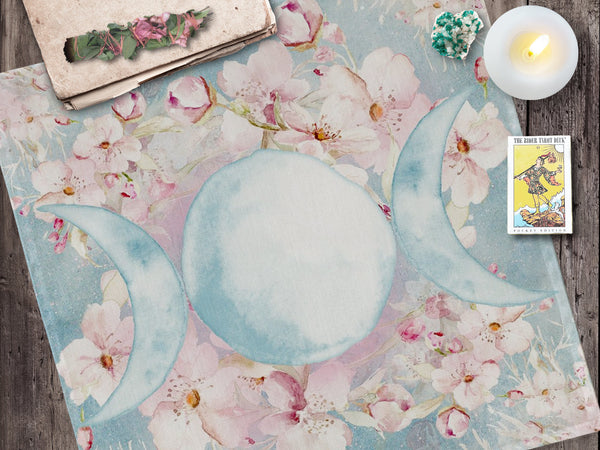 Triple Moon Altar Cloth - Spring Blossom Ostara Decor For Tarot Readings 22X22 Inch Twill Square