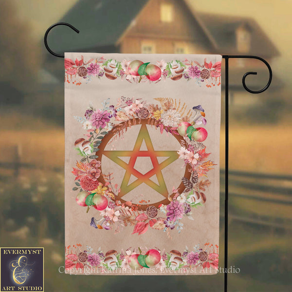 a banner with a large star design surrounded by a wreath of colorful flowers and fruits.