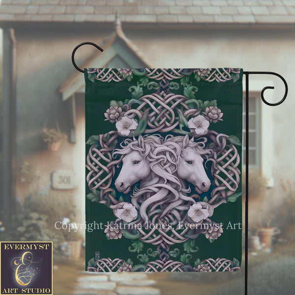 A banner featuring a detailed illustration of two white horses with flowing manes, surrounded by intricate floral designs and a Celtic knot pattern.
