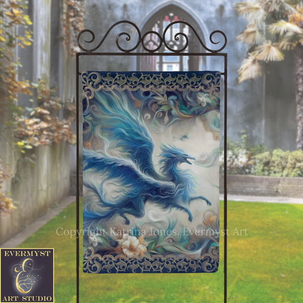 a large, ornate banner with a blue dragon design, displayed outdoors in front of a stone wall and a grassy area.