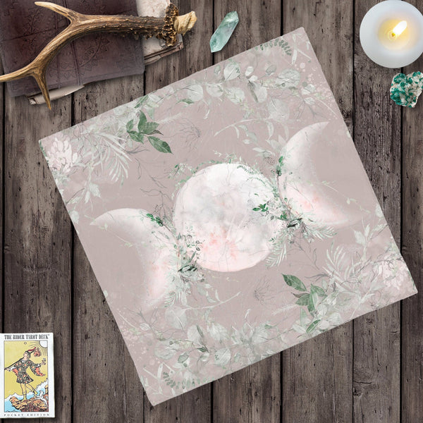 Wicca Triple Moon Altar Cloth - Blush Pink Green Tarot Mat Square