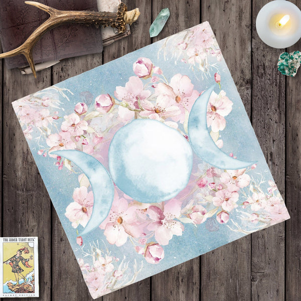 Triple Moon Altar Cloth - Spring Blossom Ostara Decor For Tarot Readings Square