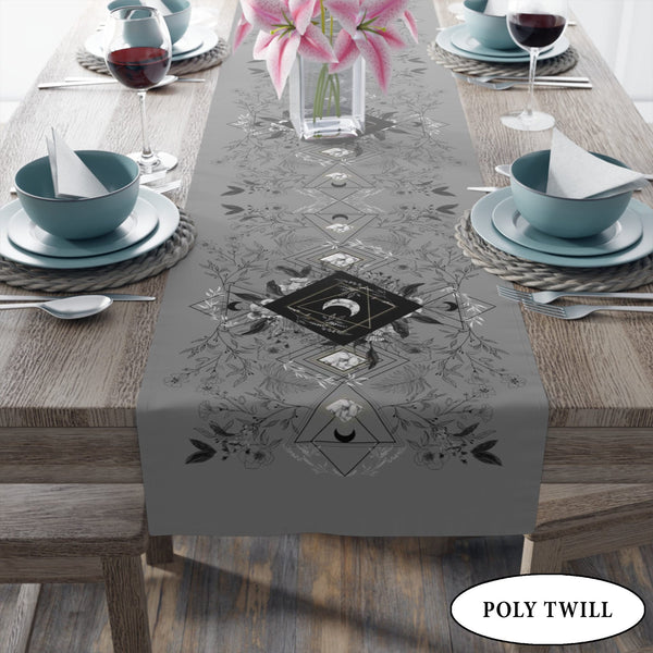 Botanical Grey Moon Table Runner - Witchy Vibe Home Decor Altar Cloth For Display