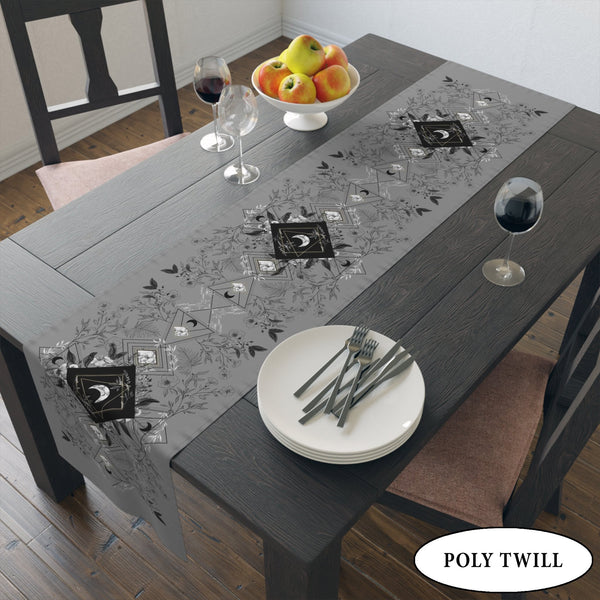Botanical Grey Moon Table Runner - Witchy Vibe Home Decor Altar Cloth For Display