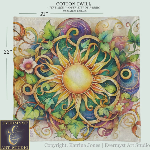 a painting of a sun surrounded by leaves